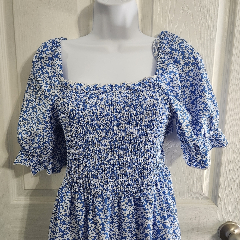 Babydoll floral dress smocked tie back square neck puff sleeve milkmaid LG - Picture 13 of 14